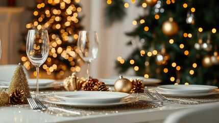 This beautifully set Christmas dinner table features white plates and cutlery, adorned with gold decorations and a blurred Christmas tree, creating a warm and inviting atmosphere