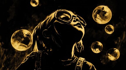 An artistic illustration showcasing a child gazing upwards with a look of wonderment amidst floating golden bubbles.