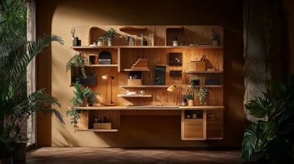 Stylish home office featuring a custom wall-mounted desk and shelves with warm lighting and stylish accessories