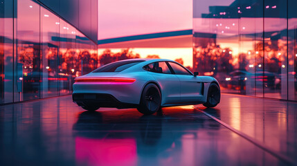 Fototapeta premium Modern Electric Car at Sunset in Futuristic Glass Building with Vibrant Sky Background