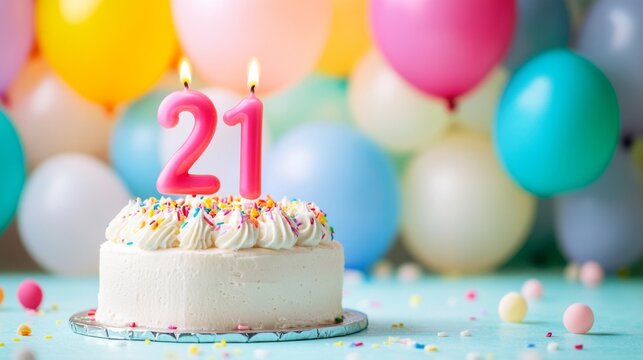 number 21 candle on a twenty- first year birthday cake celebration with balloons and party decoration as banner