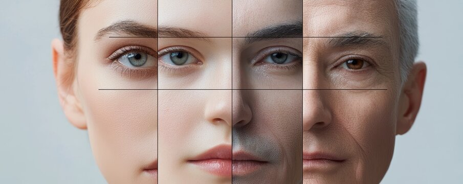 A front-facing portrait with a golden ratio grid overlaid on the young face's symmetry, contrasted with an older face where the features fall outside these proportions.