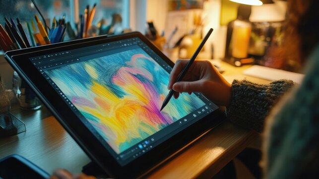 A creative individual engages with a digital drawing tablet, bringing colorful designs to life in a bright, organized workspace filled with art supplies