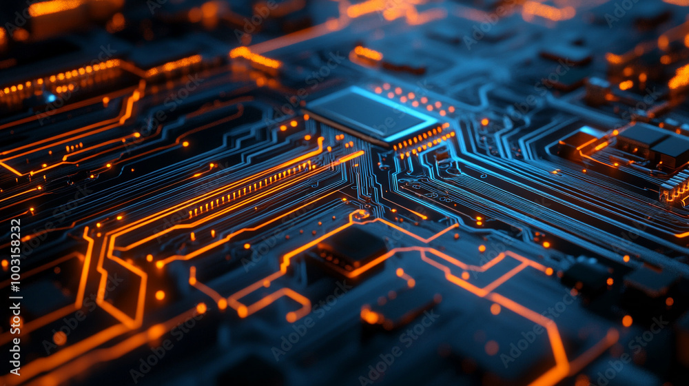 Poster glowing printed circuit board lines and data connections.