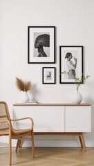 White modern interior featuring rattan furniture and pampas represented through a 3D render