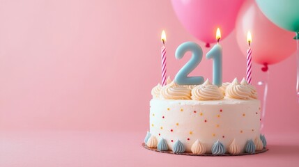 number 21 candle on a twenty- first year birthday cake celebration with balloons and party decoration as banner