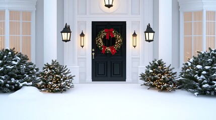 A pristine white front door decorated with festive red ornaments and a wreath invites warmth during winter, flanked by lanterns and a snowy pathway