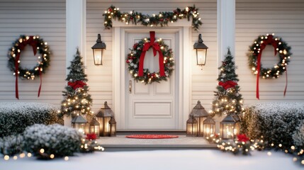 A pristine white front door decorated with festive red ornaments and a wreath invites warmth during winter, flanked by lanterns and a snowy pathway