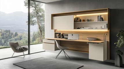 Cozy compact dining area with foldable table and stackable chairs in a minimalist design with natural light