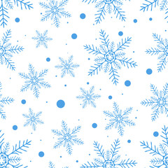 Blue snowflakes of various sizes set against a white background in a seamless pattern. The design has a festive and wintery concept. Vector illustration