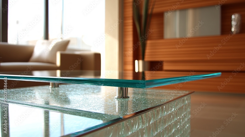 Poster close-up of a custom-built coffee table with beveled glass and sleek metal frame, illuminated by nat