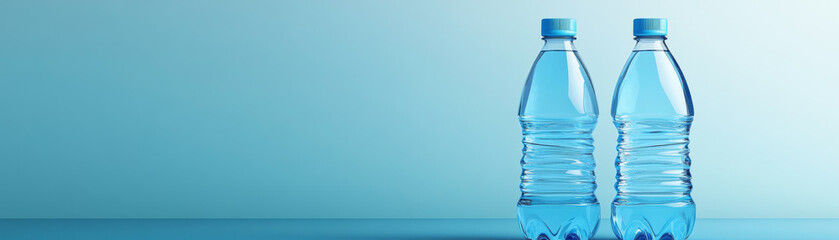 Naklejka premium Fresh and clear plastic water bottles stand side by side against soft blue background, evoking sense of hydration and refreshment