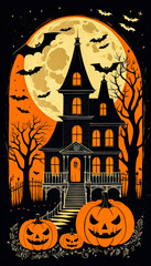 Fototapeta premium Happy Halloween, Haunted house with a white cats and jack-o'-lantern pumpkins with bats. Orange and black Design for greeting card, poster, invitation