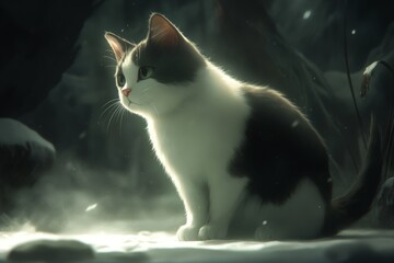 Portrait of a cute black and white cat with beautiful eyes. Illustration World Pets Day. Dedicated to all domesticated animals.	
