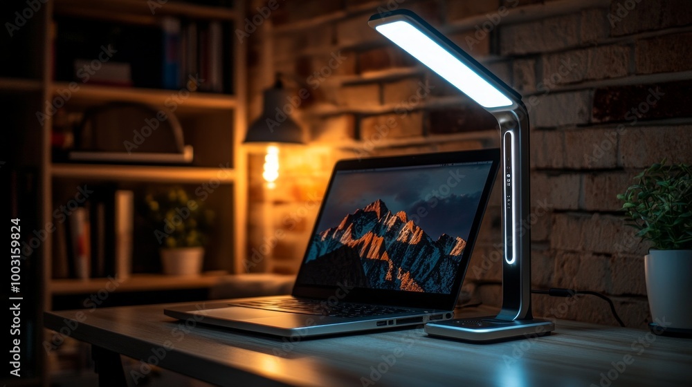 Poster modern workspace featuring a sleek desk lamp with wireless charging in a minimalist setting