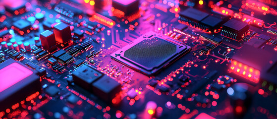 Obraz premium Microscopic 3D view of electronic signals on circuit board, showcasing vibrant colors and intricate details