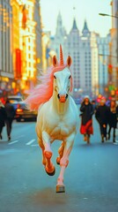 unicorn with a horn running through the busy street, dynamic photo, photorealistic