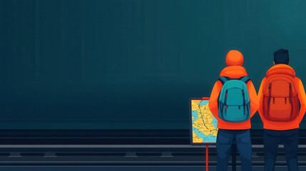 Train station with travelers, backpacks, and maps, journey by rail, flat design illustration