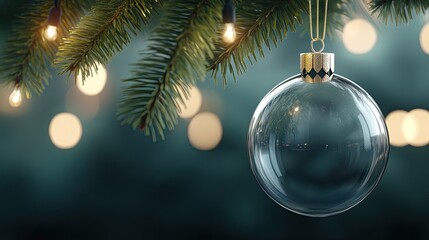 A close-up of a clear glass Christmas ornament suspended from a tree branch, reflecting warm soft light in a minimalist holiday atmosphere at home