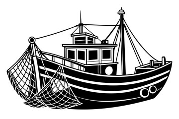 Boat with fishing nets. Fisherman boat marine ship sea ocean fisheries for fish production vector art illustration