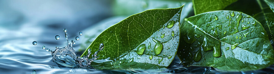 Fresh green leaves resting on water, with droplets and splashes creating serene and tranquil atmosphere. vibrant colors and textures evoke sense of natures beauty