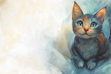 Portrait of a cute three-color cat with beautiful eyes. Illustration World Pets Day. Dedicated to all domesticated animals.	
