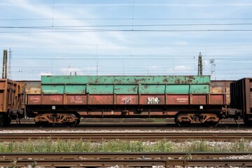 Rusty freight train car on tracks under clear blue sky in an industrial area