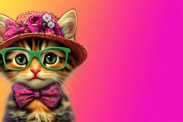 Obraz premium Portrait of a cute three-color cat with beautiful eyes with hat. Illustration World Pets Day. Dedicated to all domesticated animals. Cute domestic cat with glasses.