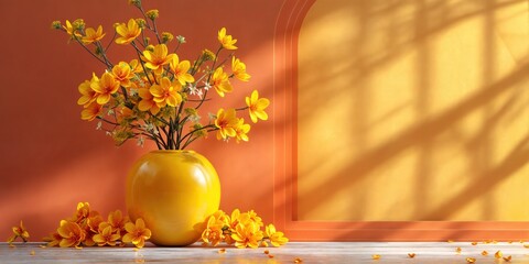 Warm orange and yellow flower arrangement in a vase against an orange wall with soft sunlight and shadows.