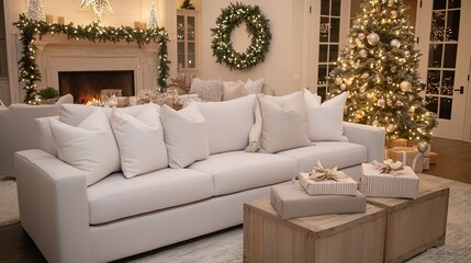 This inviting Christmas living room showcases a white sofa, a beautifully decorated tree, and a wooden table adorned with gift boxes and candles, creating a festive atmosphere