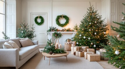 This inviting Christmas living room showcases a white sofa, a beautifully decorated tree, and a wooden table adorned with gift boxes and candles, creating a festive atmosphere
