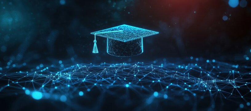 A blue digital mesh representing the network of interconnected nodes, with an illuminated graduation cap floating above it Generative AI