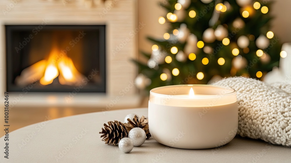 Sticker An elegant white candle illuminates a warm living room decorated for Christmas, with a cozy fireplace and soft bokeh lights creating a serene atmosphere