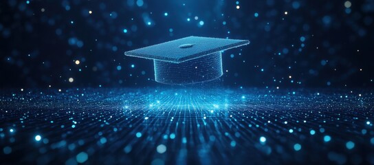 Abstract digital art of an open graduation cap made from glowing lines and dots, floating above a network grid on a dark blue background, power to shape your future through education Generative AI