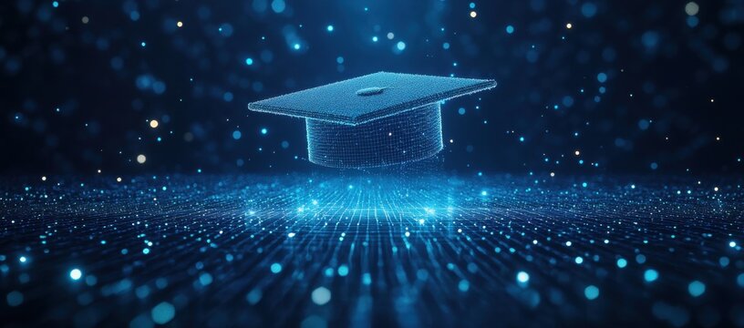 Abstract digital art of an open graduation cap made from glowing lines and dots, floating above a network grid on a dark blue background, power to shape your future through education Generative AI