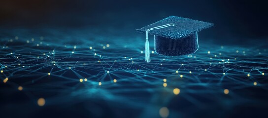 A digital graduation cap floating above an array of interconnected data points, symbolizing the integration and growth in education technology through virtual learning tools Generative AI