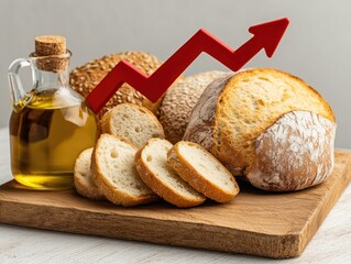 Rising prices of essential grocery items like flour and oil highlighted by freshly baked bread and upward red trend indicator