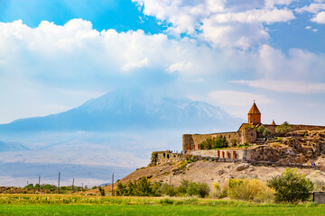 Iconic image of Armenia. Ancient christian monastery Khor Virap against mount Ararat in Armenia.
