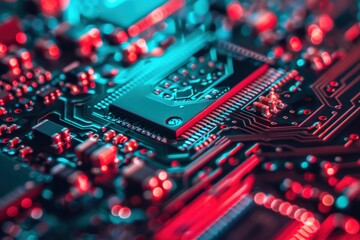 Fototapeta premium A close up of a computer chip with a red and blue background, generative ai image