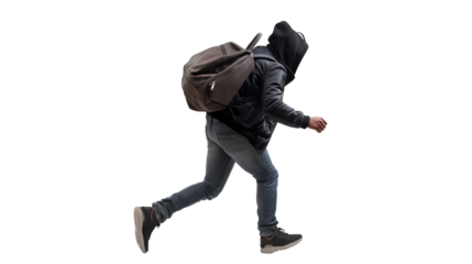 Thief carrying a bag and running away isolated on transparent and white background, cut out png