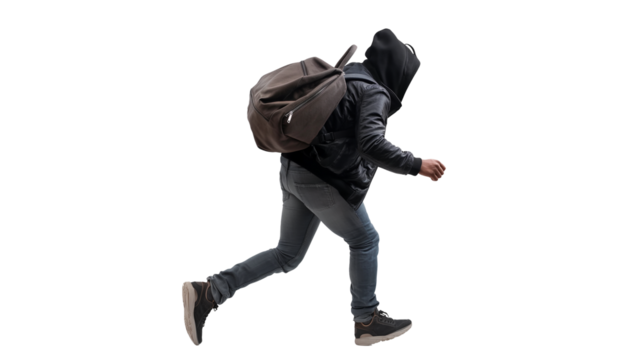 Thief carrying a bag and running away isolated on transparent and white background, cut out png