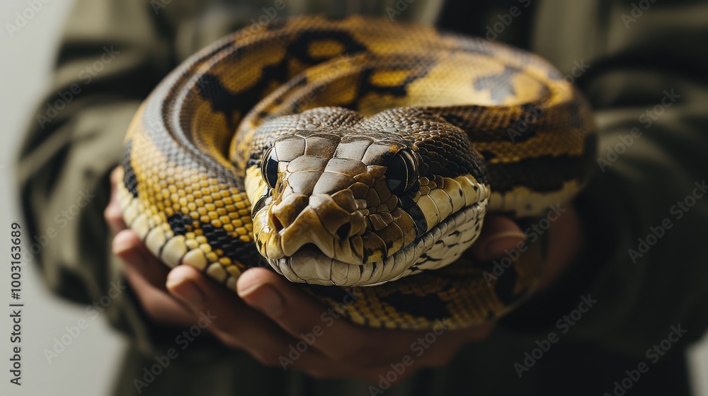 Wall mural a reptile handler confidently holds a large and colorful exotic snake, showcasing its unique pattern