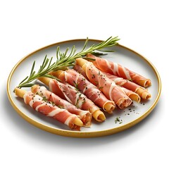 Gourmet appetizer: grissini wrapped in prosciutto with fresh rosemary and herbs
