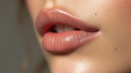 Close-up of natural lips with soft hydration and nude lip color. Lip care, natural beauty, skincare, cosmetics trends, minimalism, healthy glow concept