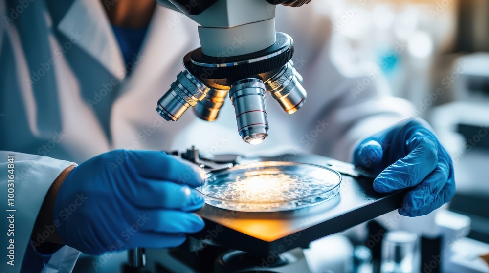 Poster a scientist in a laboratory is focused on examining microbial growth in a petri dish under a microsc