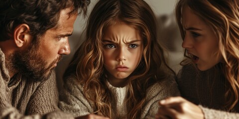 Fototapeta premium Serious Young Girl Sitting Between Arguing Parents Indoors