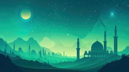Green banner with Islamic Ramadan background and mosque silhouette