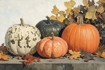 Thanksgiving Day. Turkey, pumpkins and wine are on the table. Autumn table with meat and pumpkin treats. Postcard invitation to Thanksgiving Day in November.
