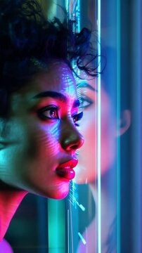 Fashion model with digital art projected onto her face is slowly moving her head in a vertical, slow motion video