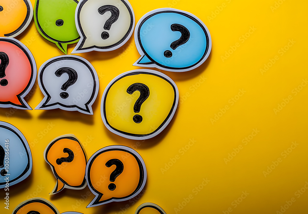 Poster multiple question marks in speech bubbles with copy space